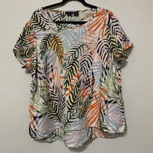Tahari Blouse 1X Linen Tropical Palm Leaf Casual Beach Hawaiian Floral Top